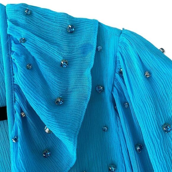 Retrofete Lennon Dress embellished smocked mini chiffon rhinestone acqua blue M - Picture 12 of 15